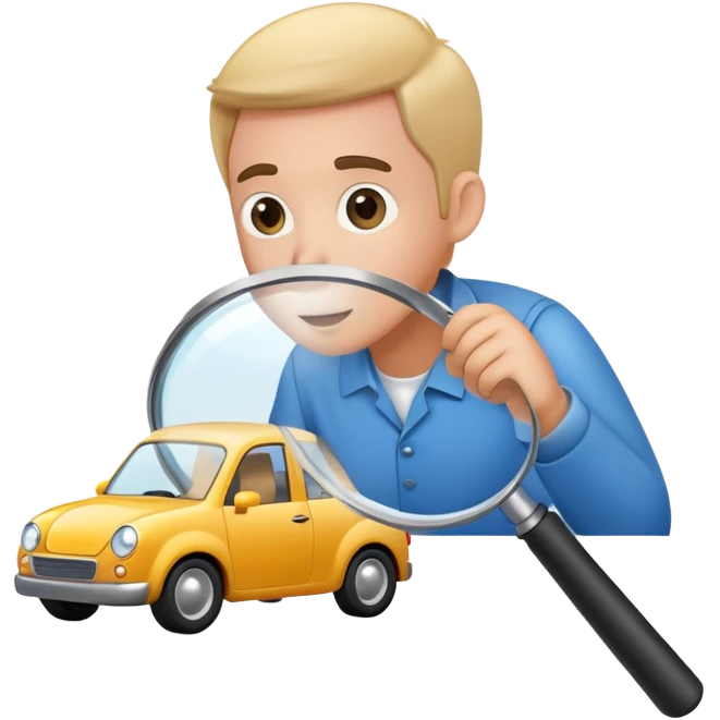 cartoon mechanic looking at small car through large magnifying glass emoji