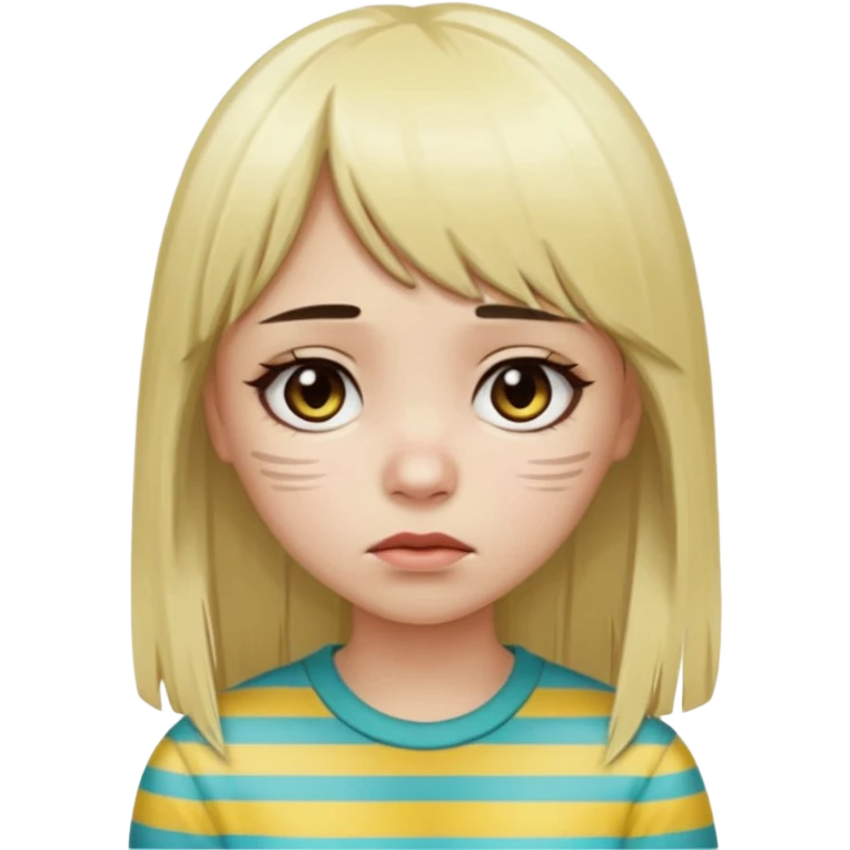 Girl with long straight dark brown hair and blonde striped streaks, with bangs. Light skin and dark eyes. Turn her into a cute zombie version — pale greenish skin, dark eyes, small wounds under eyes, keep her hair and mechas the same, emoji-style. emoji