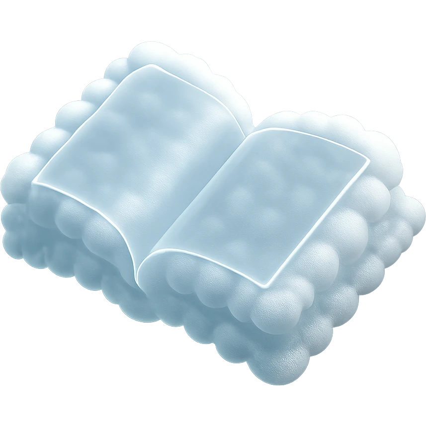 thick open book top view, fully made of small very bright white fluffy convex clouds, matte glass style emoji