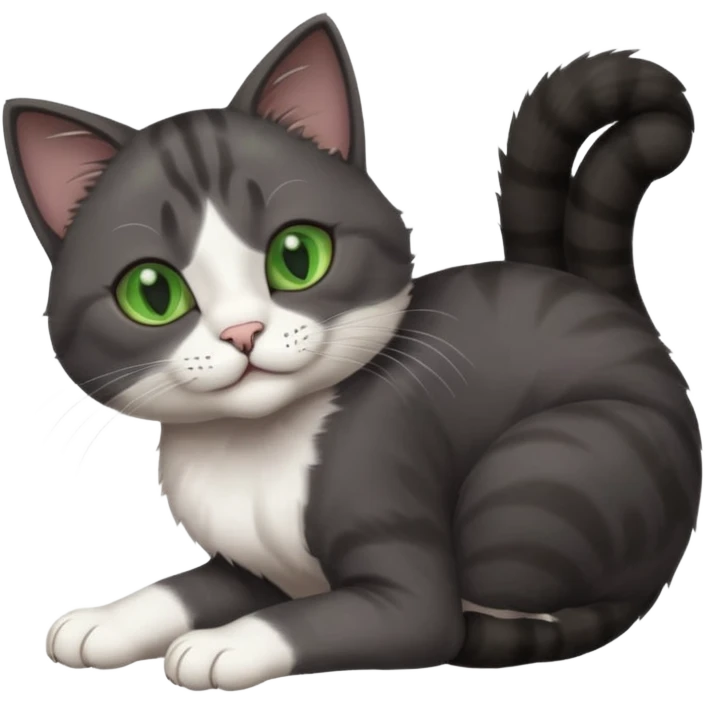 beautiful female solid dark grey cat with green eyes, white toes/paws and white patch on her chest rolling upside down emoji