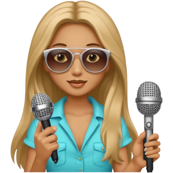 long haired woman with summer clothes and sun glasses holding microphone emoji