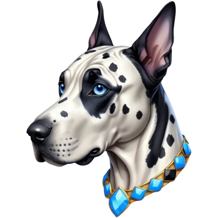 Cinematic Noble Harlequin Great Dane Portrait Emoji, Poised and regal, with a towering, muscular build and a striking coat of predominantly white with bold black patches, deep-set soulful blue eyes, Simplified yet sharp and sophisticated features, highly detailed, glowing with a soft, dignified glow, high shine, intelligent and loyal, stylized with an air of majesty, focused and attentive, soft glowing outline, capturing the essence of a watchful and confident guardian, so majestic it feels as though it could stride out of the screen with effortless authority! emoji