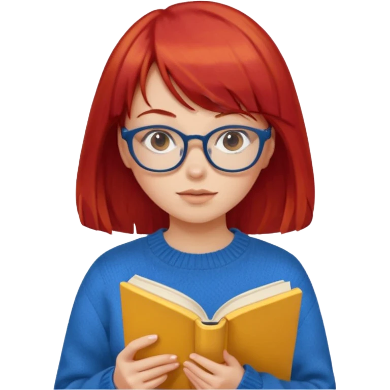a girl with red hair and bangs with glasses wearing blue sweater reading a yellow cover book emoji