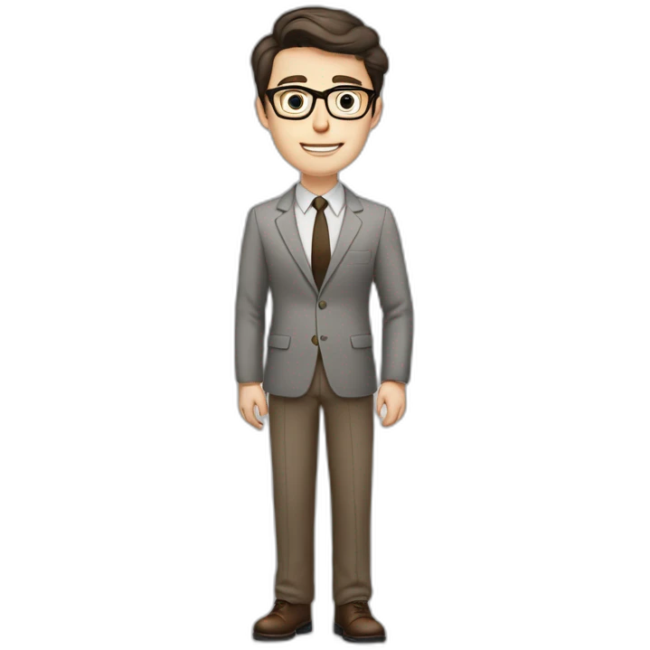 Pale skinned fit man with dark brown hair in gray jacket, beige office shirt, brown tie, brown pants and vintage glasses Writing text on the flipchart emoji