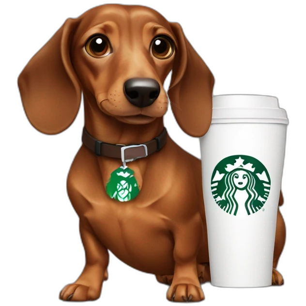 a dachshund drinking a Starbuck coffee emoji
