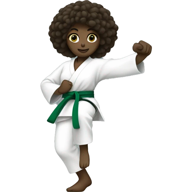 dark skin girl with a karate green belt and one leg kickin high emoji
