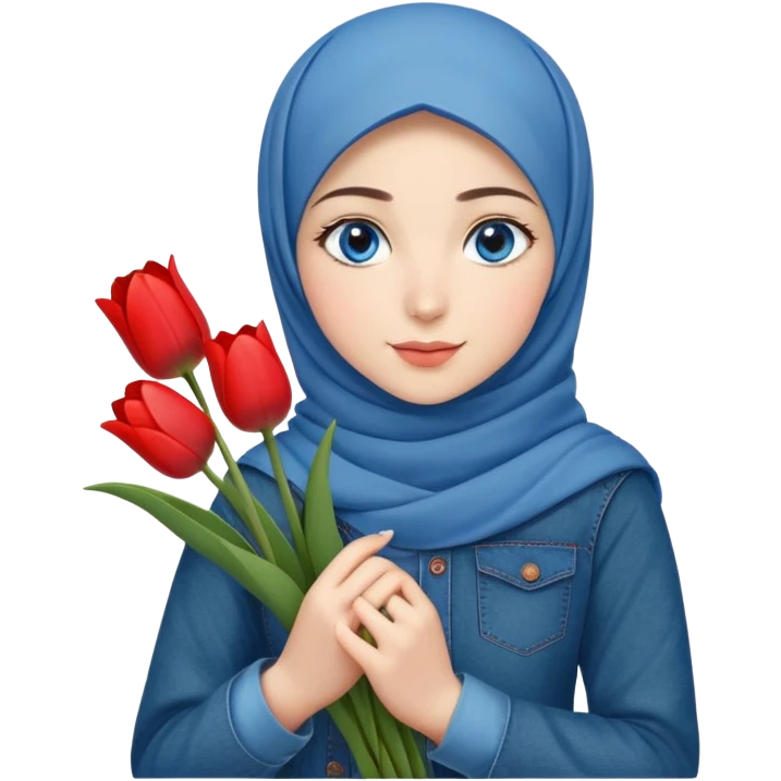Turkish beautiful finish Konya girl blue eyes with denim hijab islamic dress and had on her hand red tulips  emoji