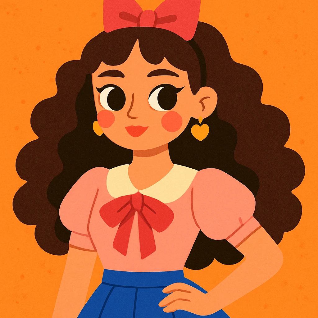 a girl with curly long dark brown hair, brown eyes, coquette style, modern illustration style emoji