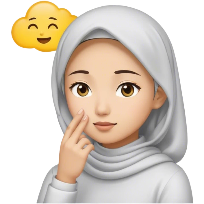 Model: Sticker. A white young asian Muslim woman are thinking something. Her eyes rolling to up right. Her hand touching face. There's emoji cloud to describe what she thinking about. emoji