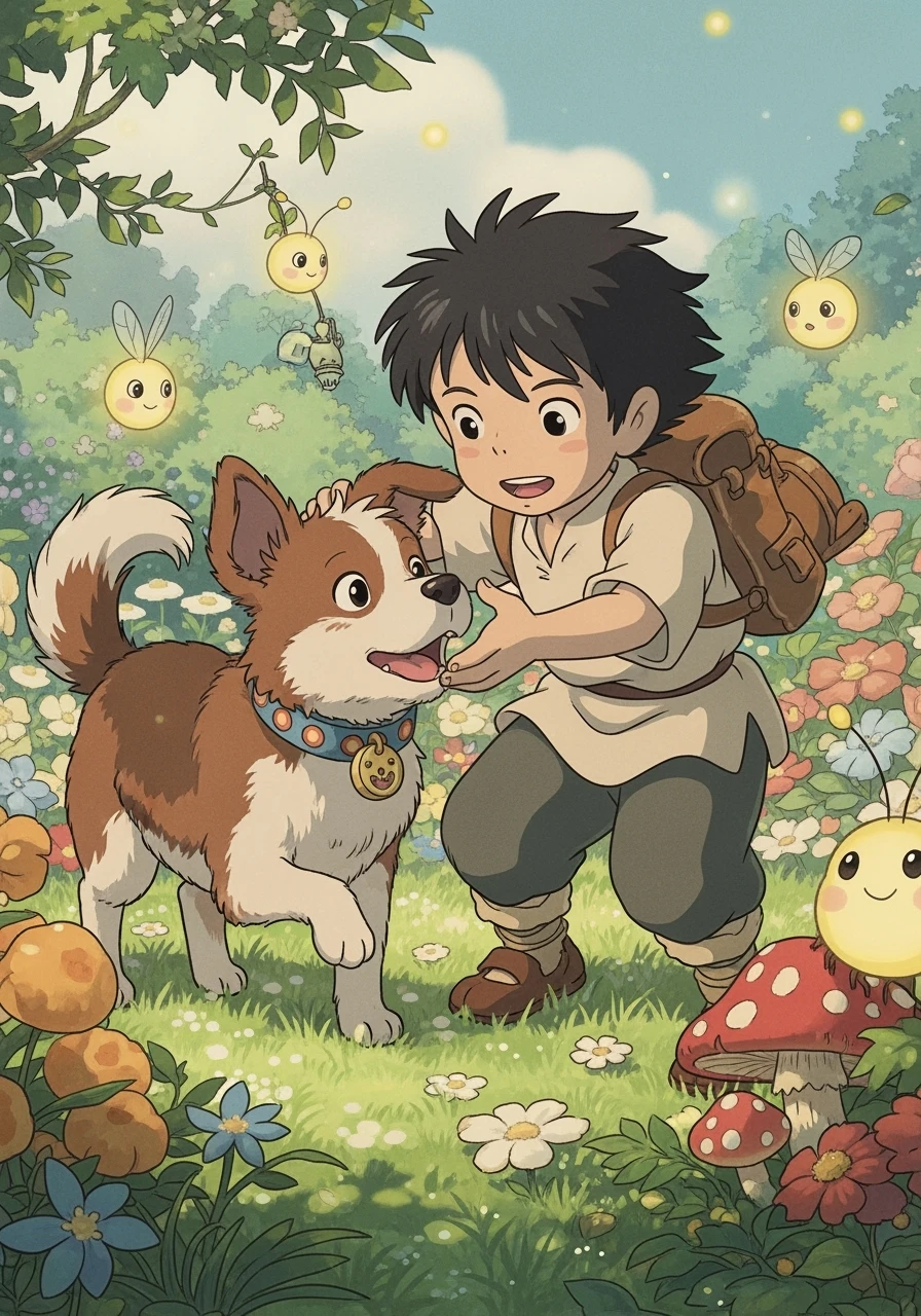 kid and his pet dog in studio ghibili style emoji