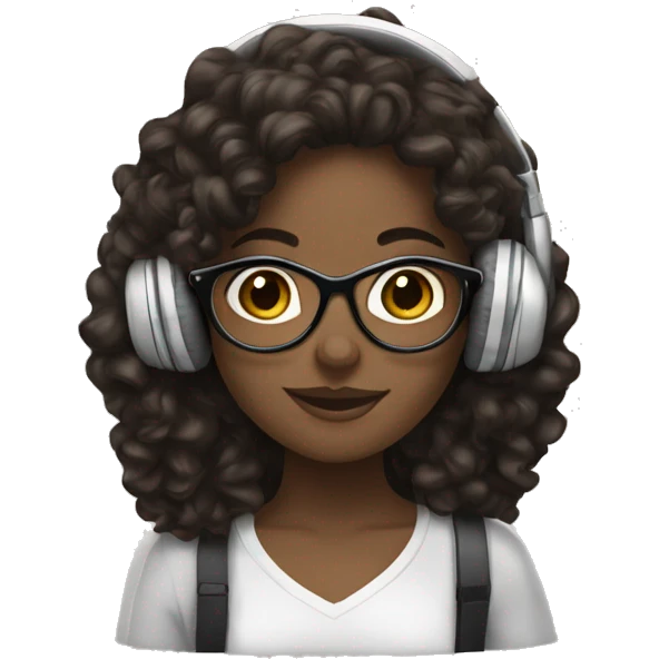 white girl with long dark brown curly hair, glasses, and headphones on emoji
