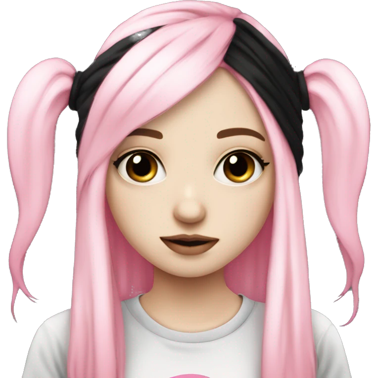 Cute pale skin emo girl with long pink and black hair with black and pink band tee emoji