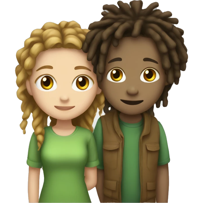 Light skin Green guy boy with dreads and short white girl with brown hair and long brown eyes hugging emoji