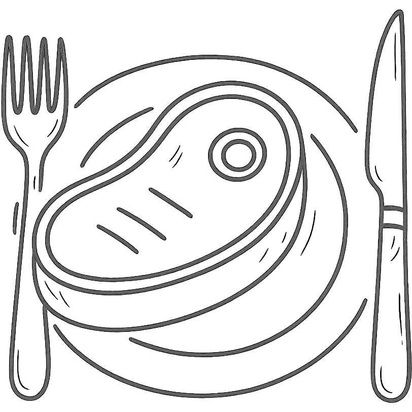 Add a plate under the steak, fork, and knife. Keep the hand drawn black outline style with no background. emoji
