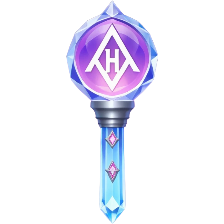 A magical K-pop lightstick for Huntrix (from K-Pop Demon Hunters): crystal dome top with a glowing rune and “H” emblem, shifting violet/silver/pink/blue light, sleek rune-engraved handle, charm loop—part idol merch, part mystical weapon. emoji