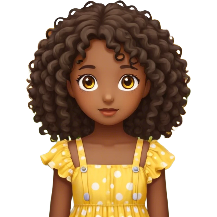 Create an image of a young dark Kawaii girl with detailed features. She has curly hair cascading down her shoulders and striking, large hazel eyes. She is wearing a yellow sundress with white polka dots standing in a field full of sunflowers emoji