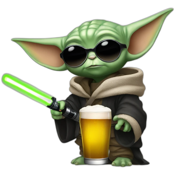 baby yoda with black rave outfit holding a beer and lightsaber and sunglasses emoji
