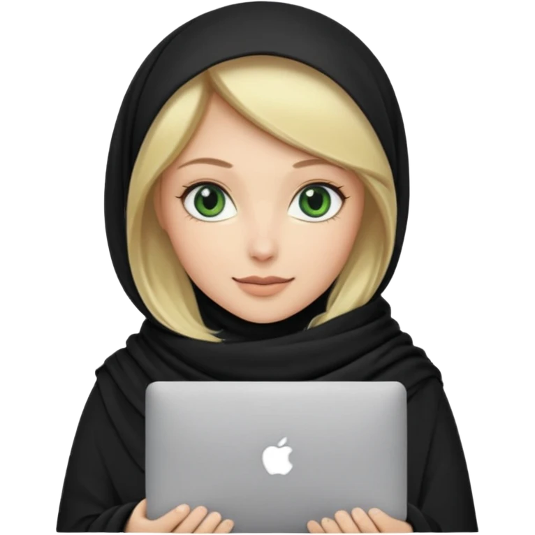 blond women skine , with green eyes , with black scarf hijab ,without hair, with macbook emoji