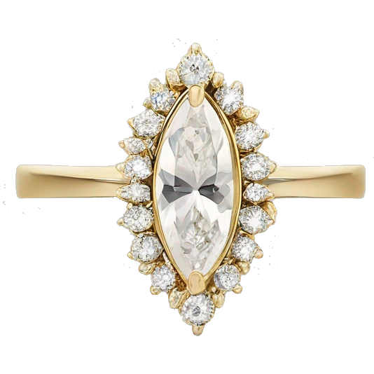 A marquise diamond ring with a vintage floral halo, small diamonds around the center stone, and a thin gold band.  Elegant and timeless. With a diamond gap wedding band emoji