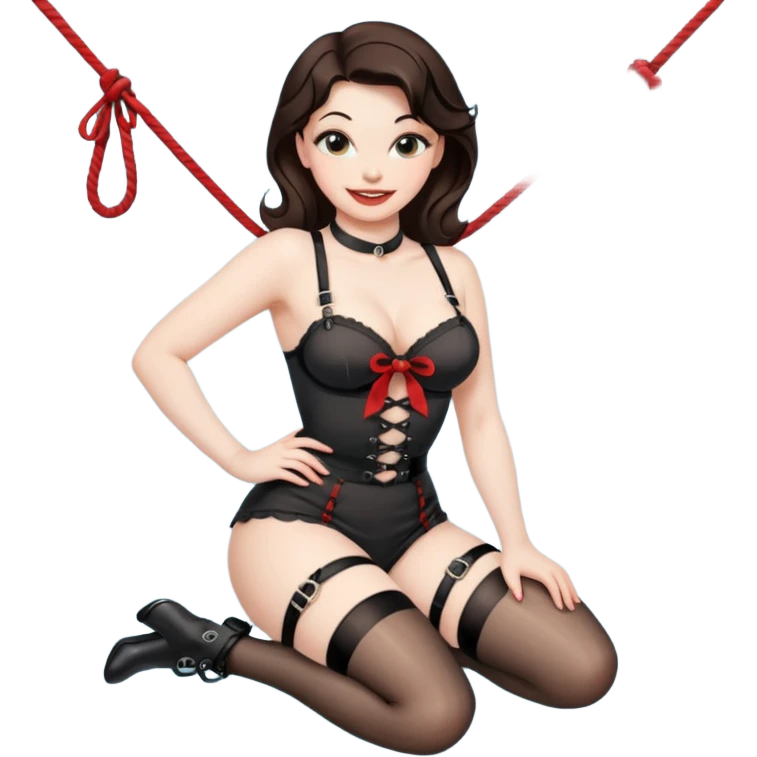 brunette pinup girl in hogtied bondage with stocking emoji