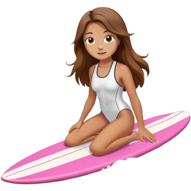 Girl with long brown hair surfing at pink short board in the white swimsuit  emoji