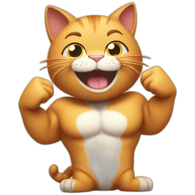 cat with thumbs up muscles and big smile showing the whole body and big muscles emoji