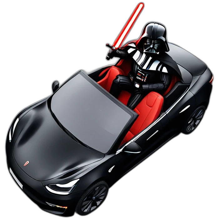 Darth Vader with red lightsaber on riding inside a open top black Tesla Model 3, front view emoji