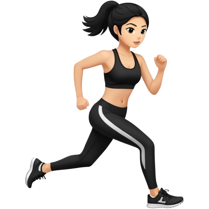 Running slim girl, tan skin, black hair, black sport bra, black leggings, white sneakers emoji