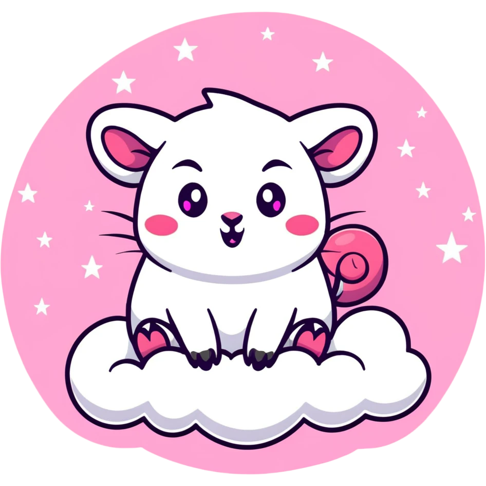 celestial pink possum on a cloud with prominent devil horns, glowing eyes, surrounded by pastel stars and sparkles emoji