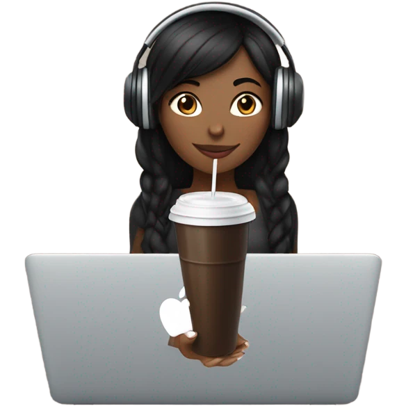 A girl with black hair is wearing black over - ear headphones. She is holding an iced Americano in one hand and a MacBook in the other emoji