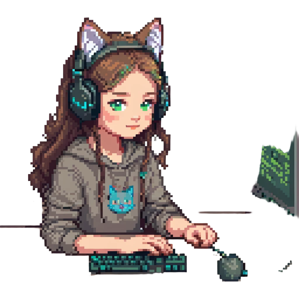 Change the girl to appear Caucasian and portray her as a night coder, with a nighttime background, keeping the pixel art style and cat headphones. Preserve transparent background if possible. emoji