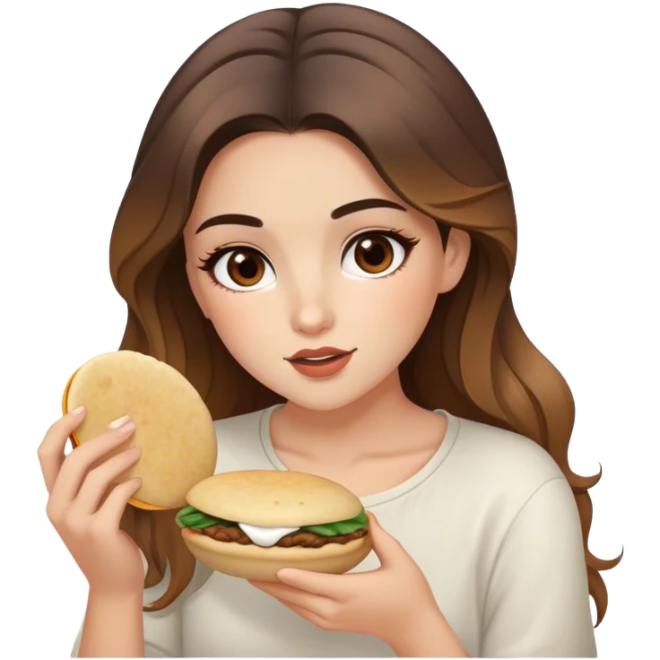 Chica bella con cabello balayage y ojos marrones comiendo arepa emoji