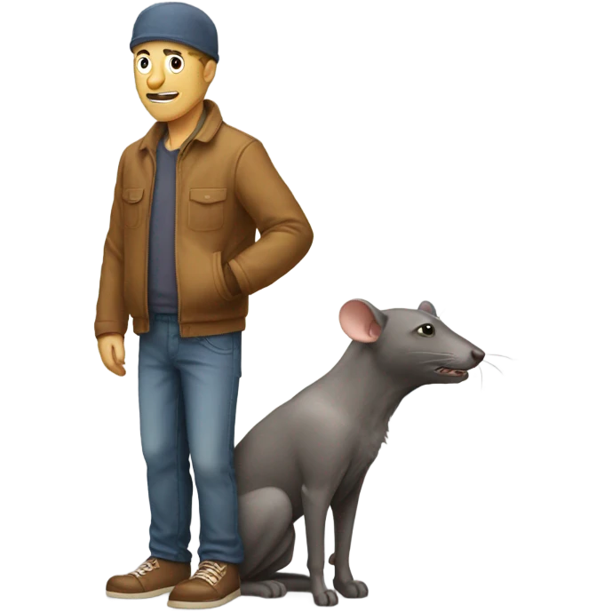 man leaning forwards to pet a dog with a rat on his head emoji