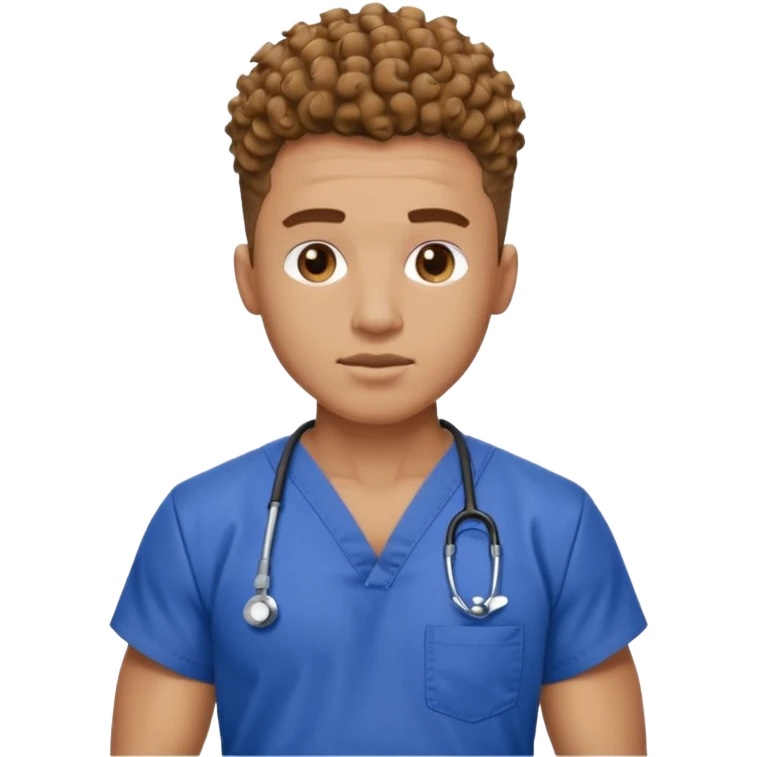 Ripped, athletic man with thick neck, high top fade with no part, curly hair only top only, and show waistline up, add scrubs, man face emoji