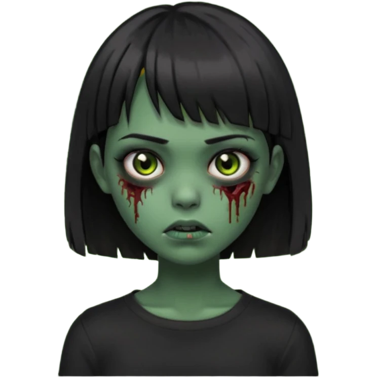 Zombie girl emoji verde escuro com cabelo curto liso preto no ombro e franja na altura da sobrancelha cobrindo completamente a testa, usando uma blusa preta, com a cor dos olhos sendo PRETOS  emoji