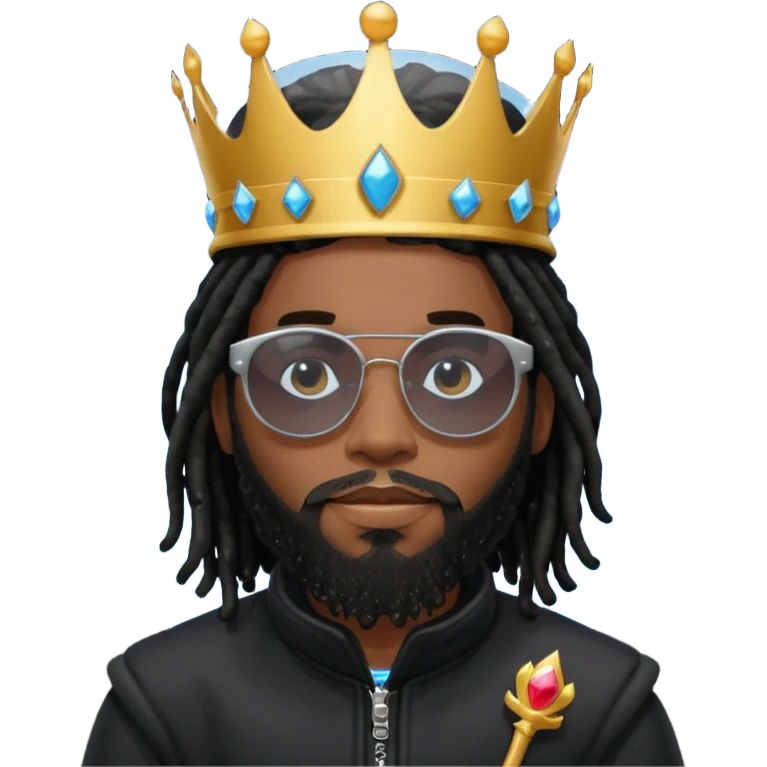 African American man with beardwith shoulder length black dreadlocks wearing black sunglasses with black bubble winter coat weariring a crown on his head emoji