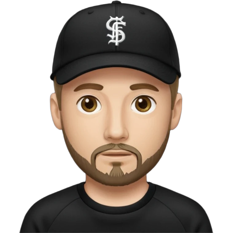 Hombre de ojos claros, con barba fina y perilla, gorra negra de baseball bordada, y sudadera negra emoji