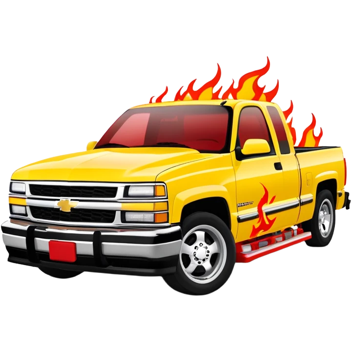 Bright yellow 1997 Chevrolet Silverado with authentic red flame print decal across the front hood, precise Kill Bill movie detail, 30-degree angle, iOS emoji style emoji