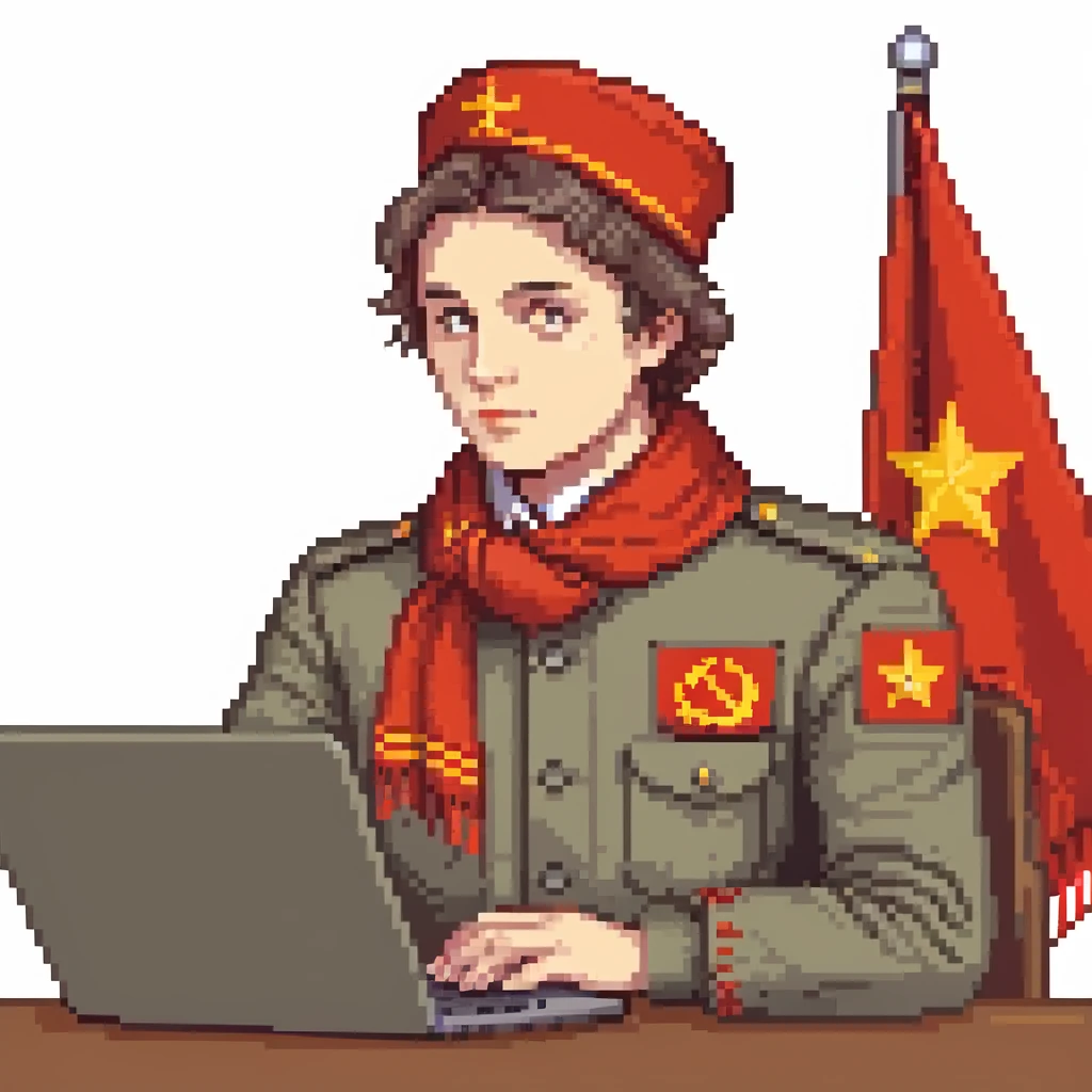 Young Soviet pioneer with red scarf and uniform using a laptop emoji