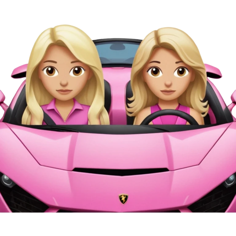 Make car far away so I can see full car Car facing forward in pink sports car. Make hair long are not smiling but very pretty. One girl is blonde, one girl is brunette. Front of car sitting in the seats. Make it a pink sports car. They are two baddies make it a Lamborghini pink car  emoji