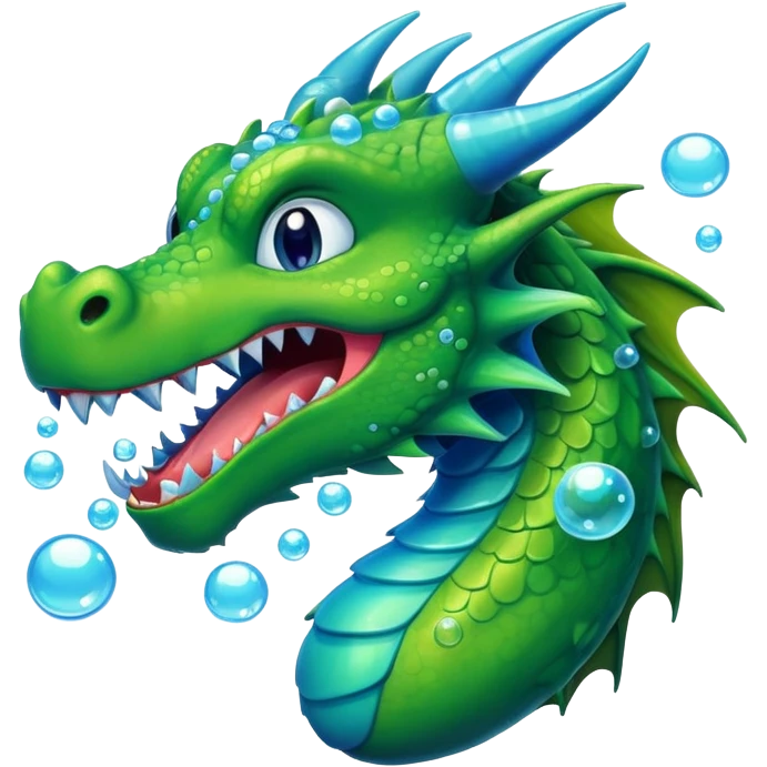 a green dragon with bue teeth breathing bubbles emoji