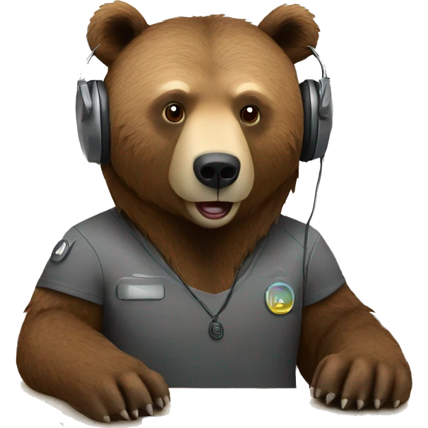 Grizzly bear wearing headset at a desk with a PC emoji