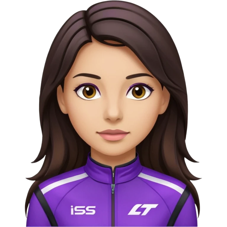 brunette long hair woman with black racing outfit with purple strips emoji