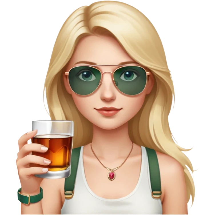 girl with long blond hair
with blue eyes
and aviator sunglasses
wearing white tank top 
holding a glass of whiskey 
wearing (rose gold apple watch with forest green band) emoji