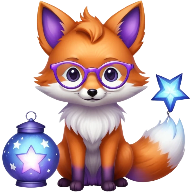 a small magical fox with shimmering purple and blue fur, a glowing fluffy tail, a silver star on its forehead, round glasses, and a tiny lantern. ❤️ emoji