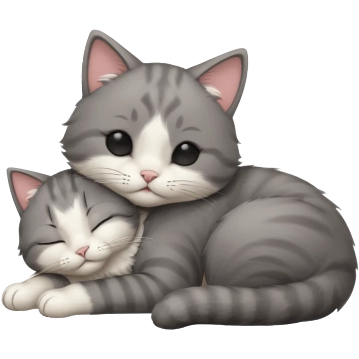 dark grey and white small cat with eyes closed, leaning his head on his paw while leaning on his elbow lying down emoji