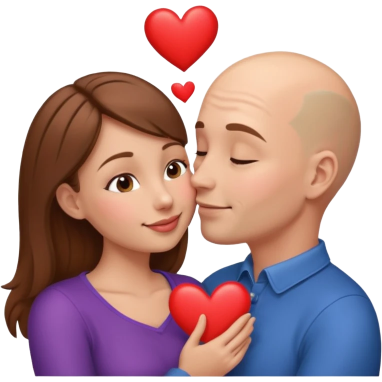 Loving couple kissing, Love, hearts. Woman brown hair, man is bald emoji