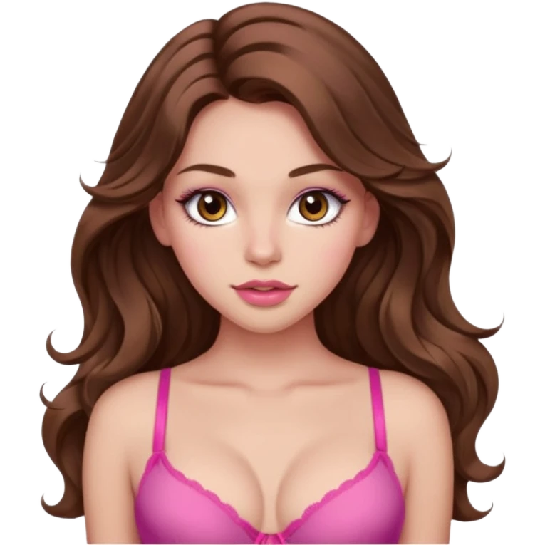 teenager, long brown hair wavy, hazel eyes, pink, beautiful, stunning, little clothing, bra, calm, big lips, long lashes, sexy emoji