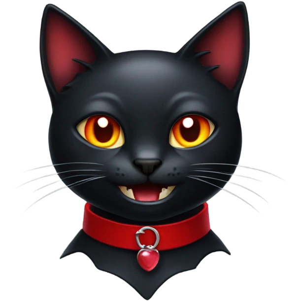 black cat with a red collar with fangs like a vampire emoji
