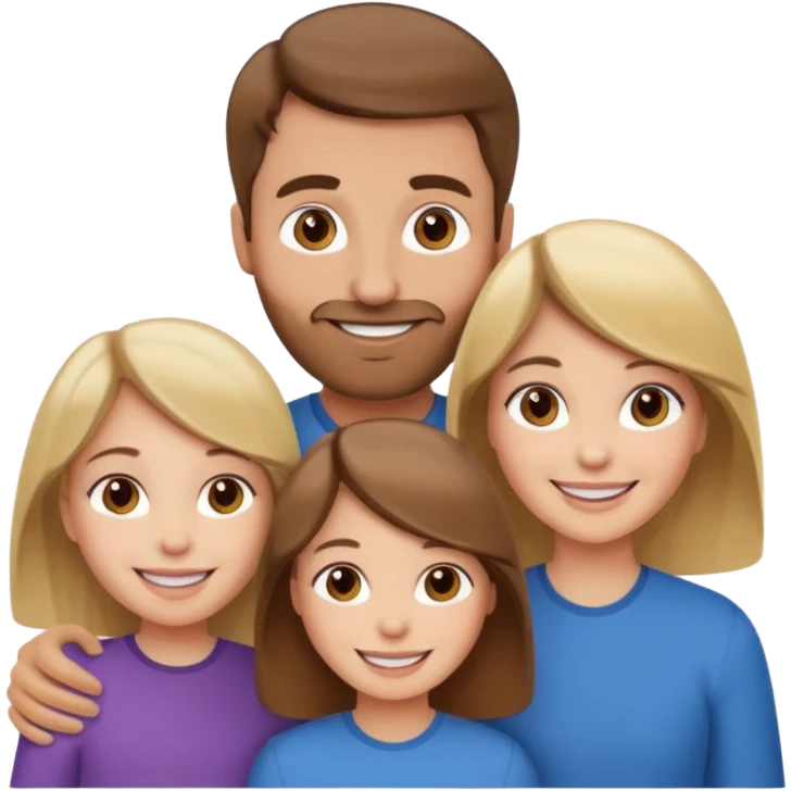 happy white family with one brown hair dad, one brown hair mom, one blonde girl, and one brown hair girl emoji